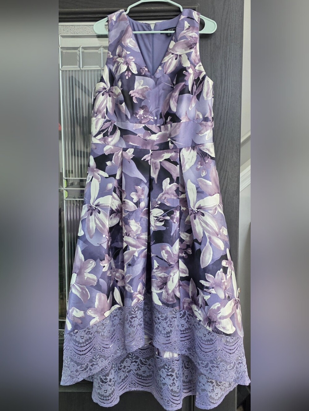 Sangria Sleeveless Purple Floral High-Low Lace Hem Dress (Size:14) - Picture 7 of 9